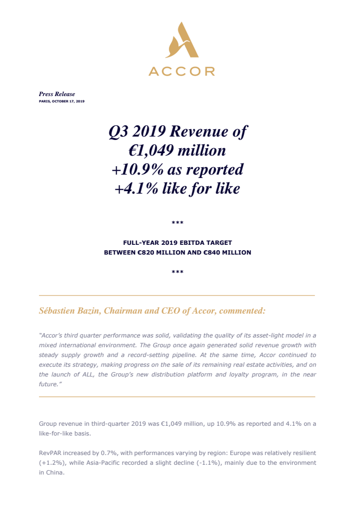 Q3 2019 Revenue of €1,049 million +10.9% as reported +4.1% like for like