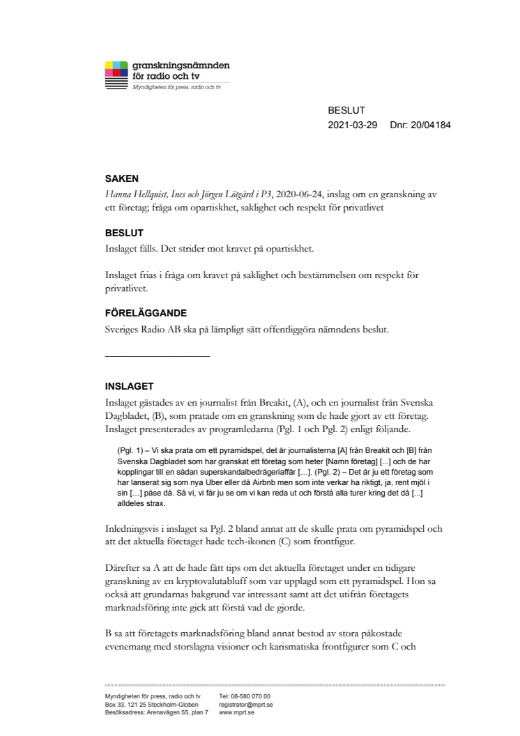 Beslut Granskningsnämnden fäller P3.PDF
