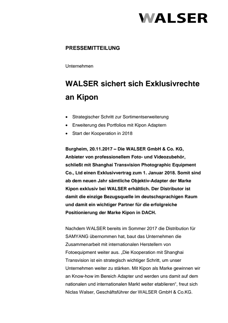 WALSER sichert sich Exklusivrechte an Kipon