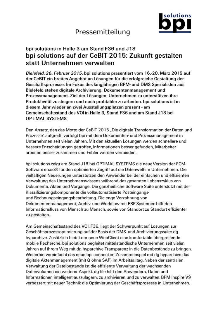 bpi solutions auf der CeBIT 2015: Zukunft gestalten statt Unternehmen verwalten