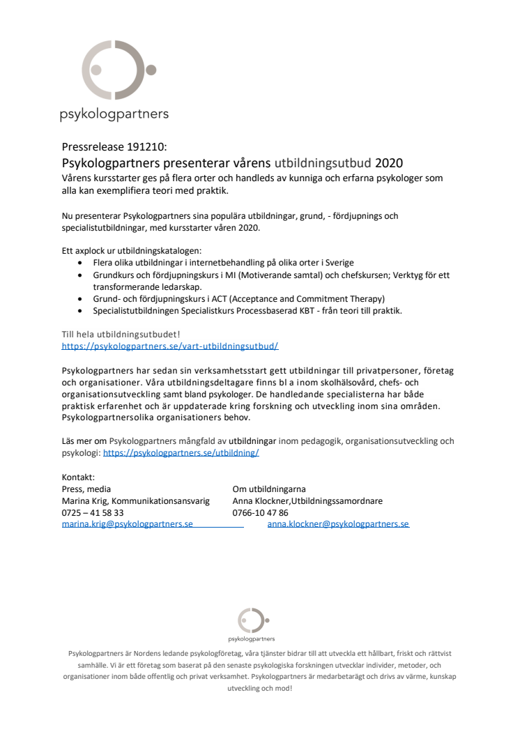 Psykologpartners presenterar vårens utbildningsutbud för 2020