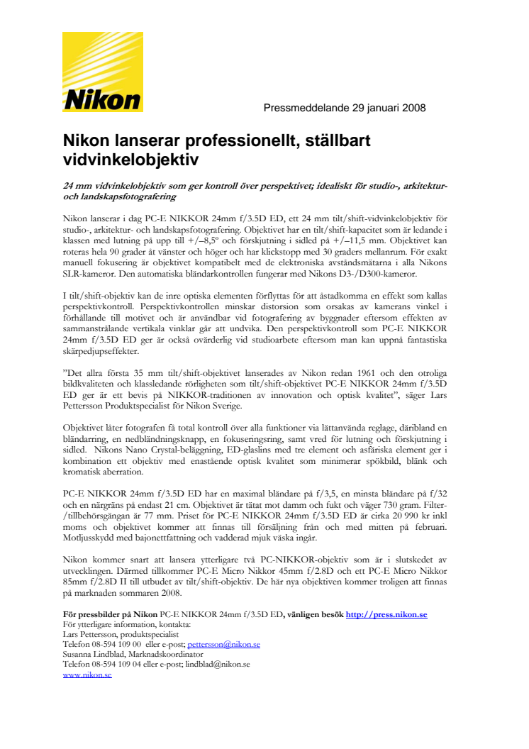 Nikon lanserar professionellt, ställbart vidvinkelobjektiv