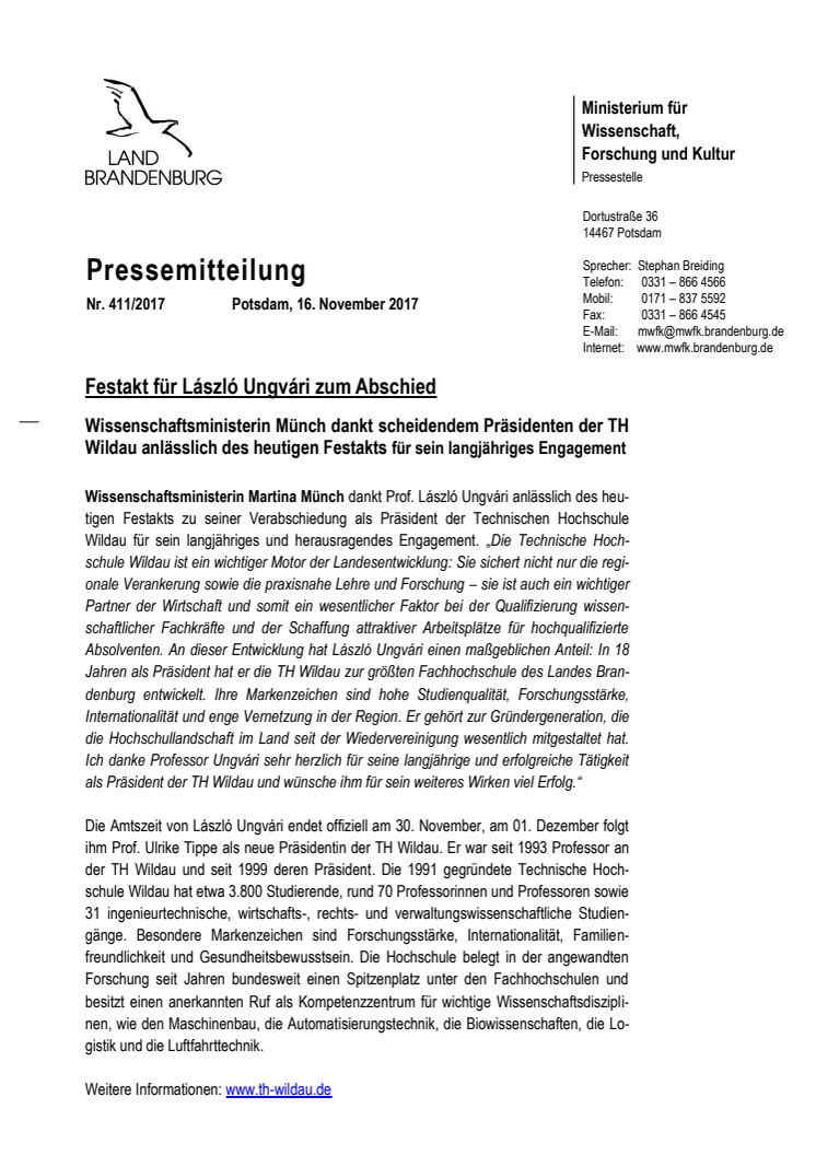 Prof. Dr. László Ungvári als Präsident der Technischen Hochschule Wildau feierlich verabschiedet