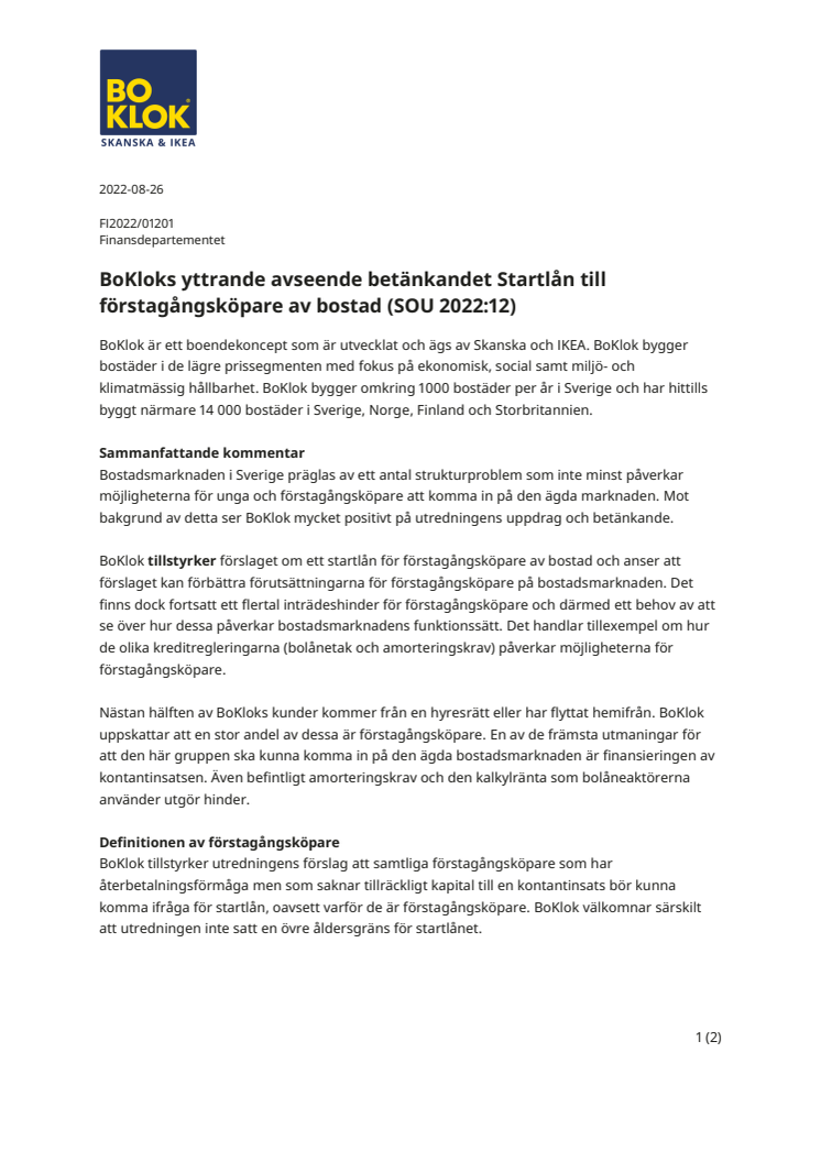 BoKloks yttrande avseende betänkandet Startlån till förstagångsköpare av bostad (SOU 202212)