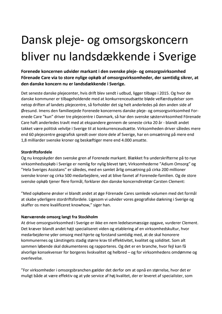 Efter store opkøb: Dansk pleje- og omsorgskoncern bliver nu landsdækkende i Sverige  