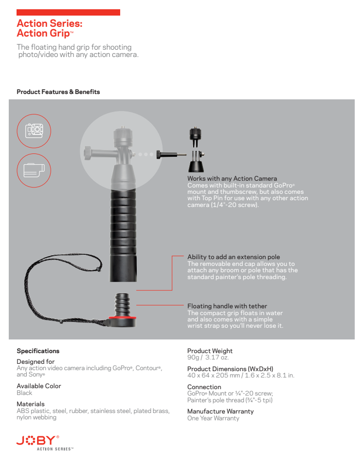 Joby Action Grip, datablad