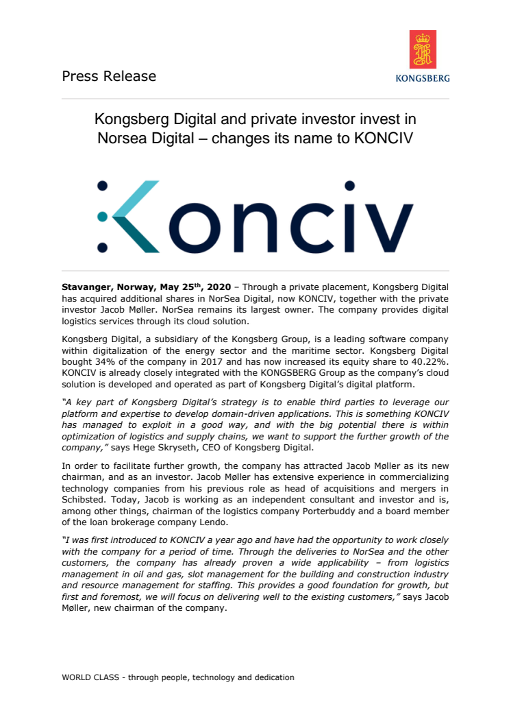 Kongsberg Digital and private investor invest in Norsea Digital – changes its name to KONCIV