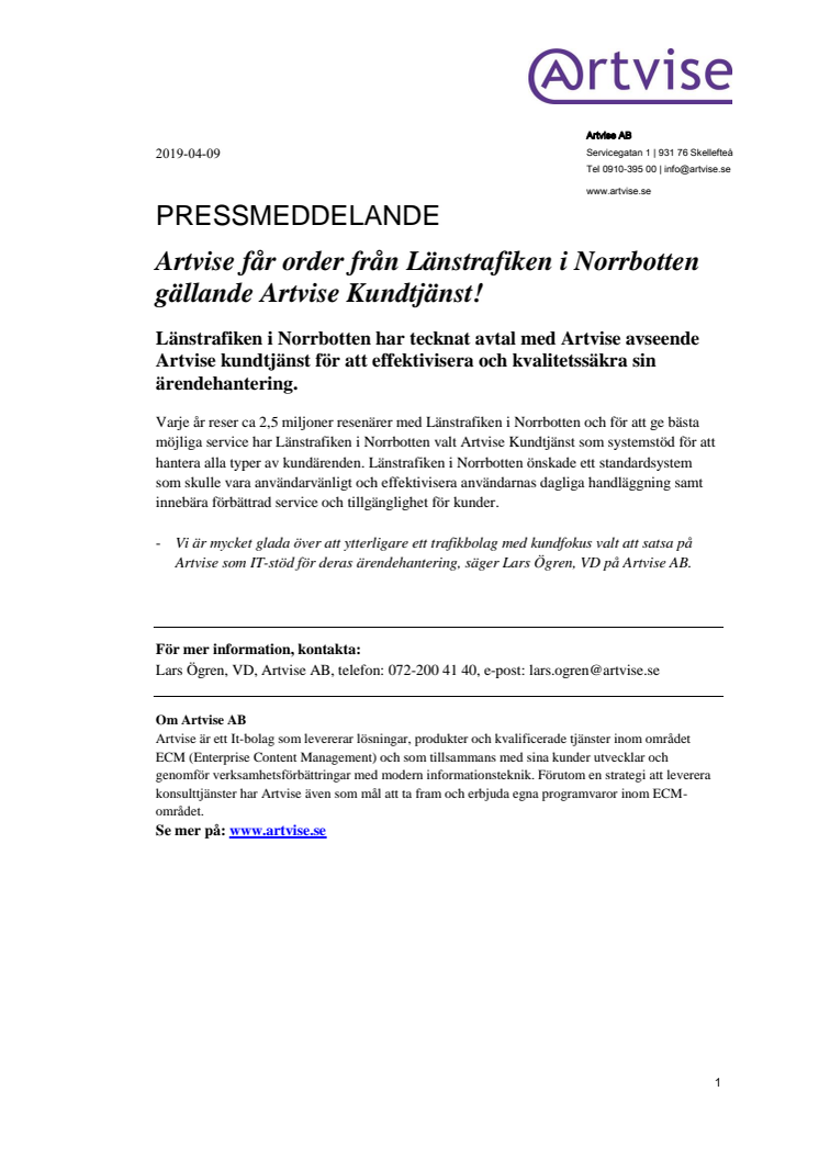 Artvise får order från Länstrafiken i Norrbotten gällande Artvise Kundtjänst!