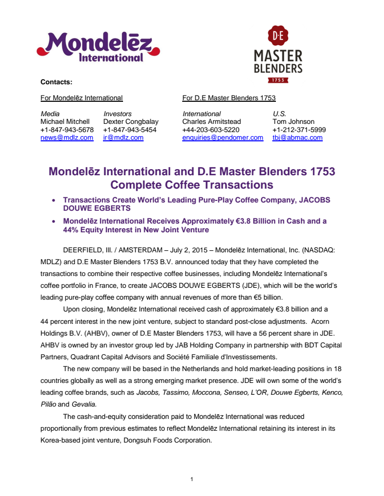 Mondelēz International and D.E Master Blenders 1753 Complete Coffee Transactions