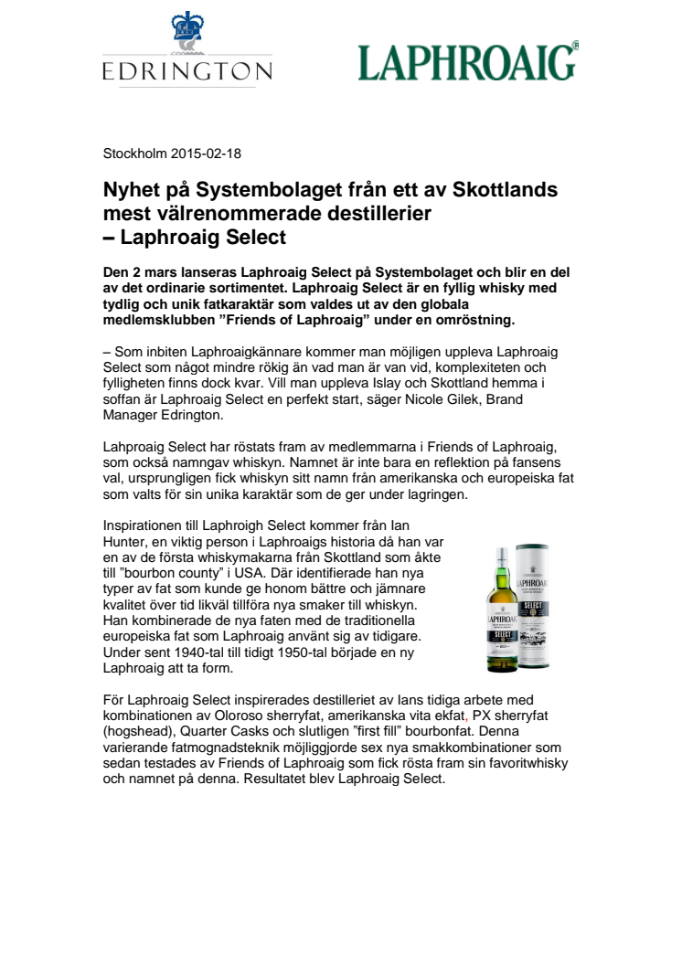 Nyhet på Systembolaget från ett av Skottlands mest välrenommerade destillerier – Laphroaig Select