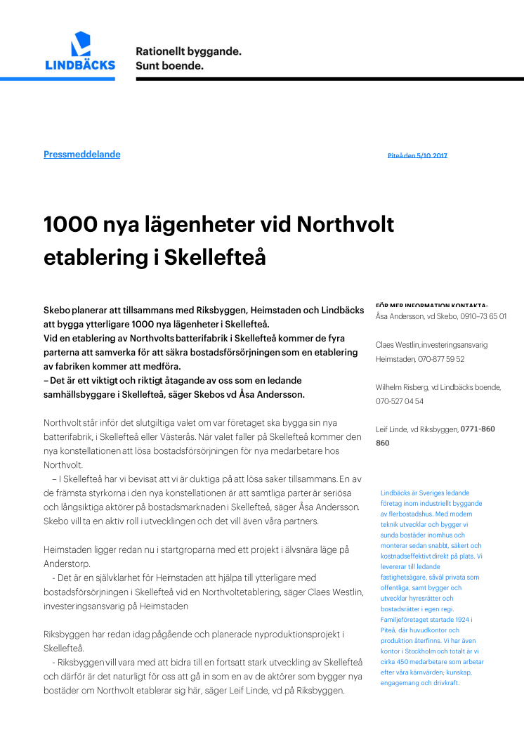 1000 nya lägenheter vid Northvolt etablering i Skellefteå