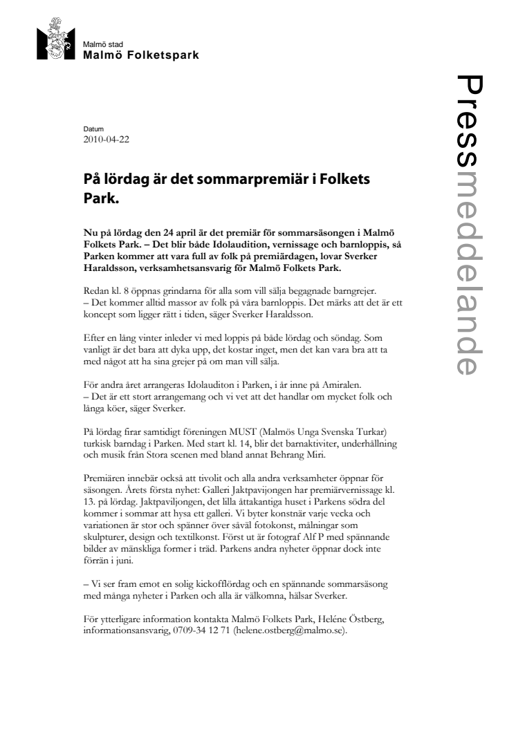 På lördag är det sommarpremiär i Folkets Park.
