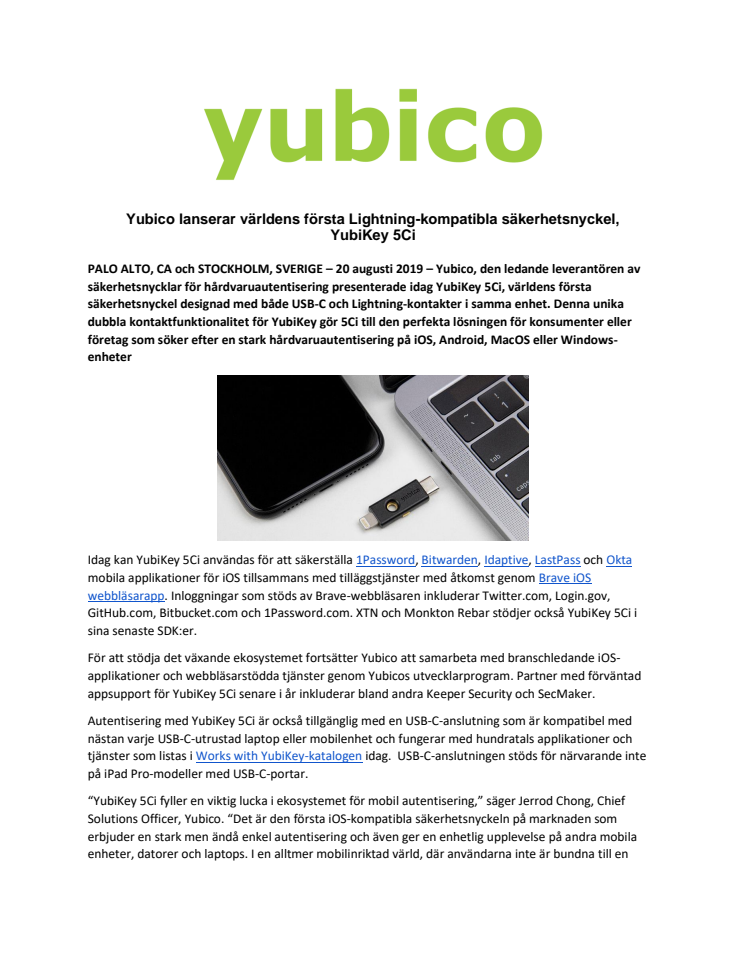Yubico lanserar världens första Lightning-kompatibla säkerhetsnyckel,  YubiKey 5Ci