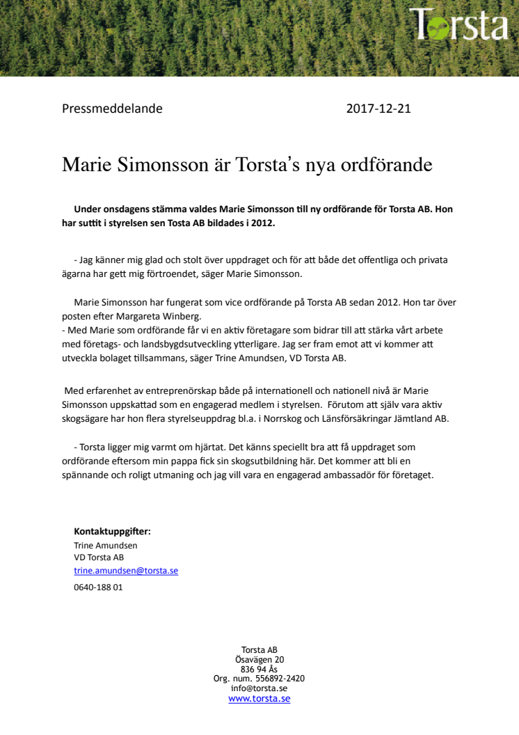 Marie Simonsson är Torsta’s nya ordförande 