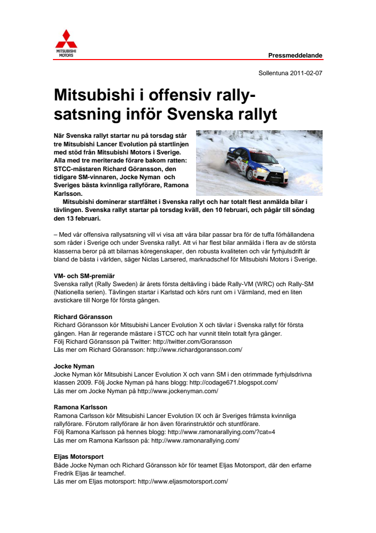 Mitsubishi i offensiv rallysatsning inför Svenska rallyt
