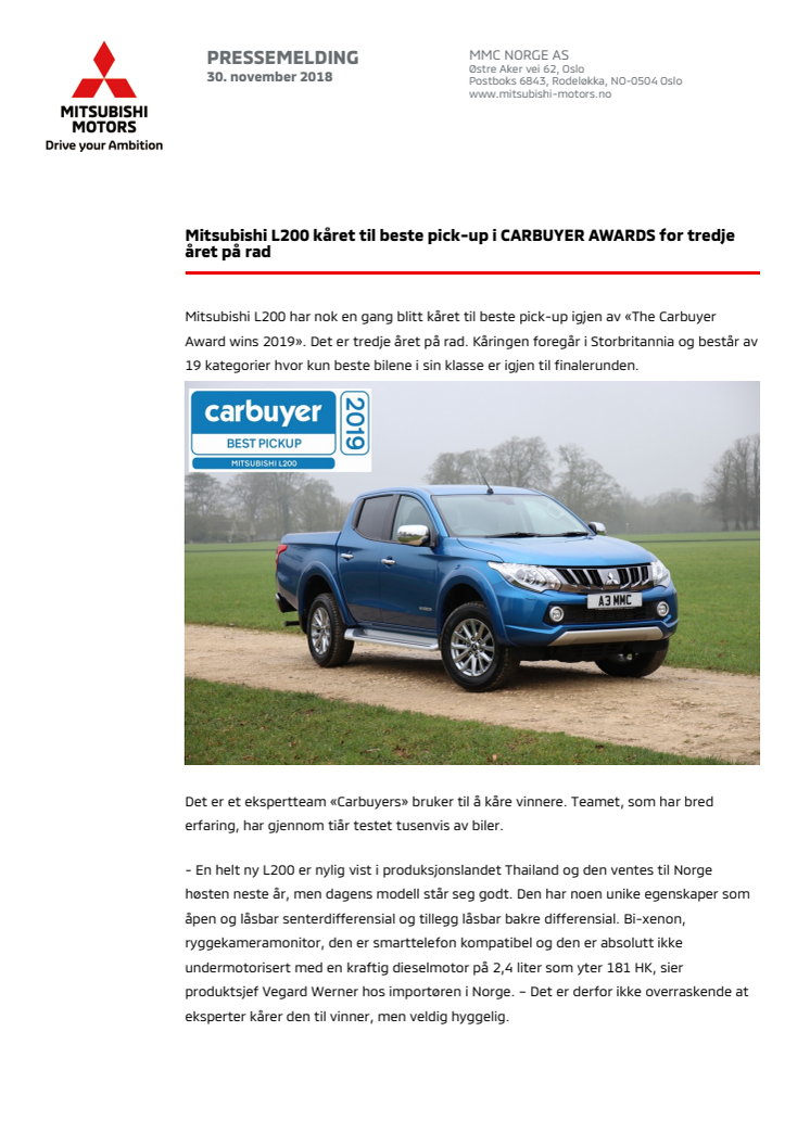 Mitsubishi L200 kåret til beste pick-up i CARBUYER AWARDS for tredje året på rad