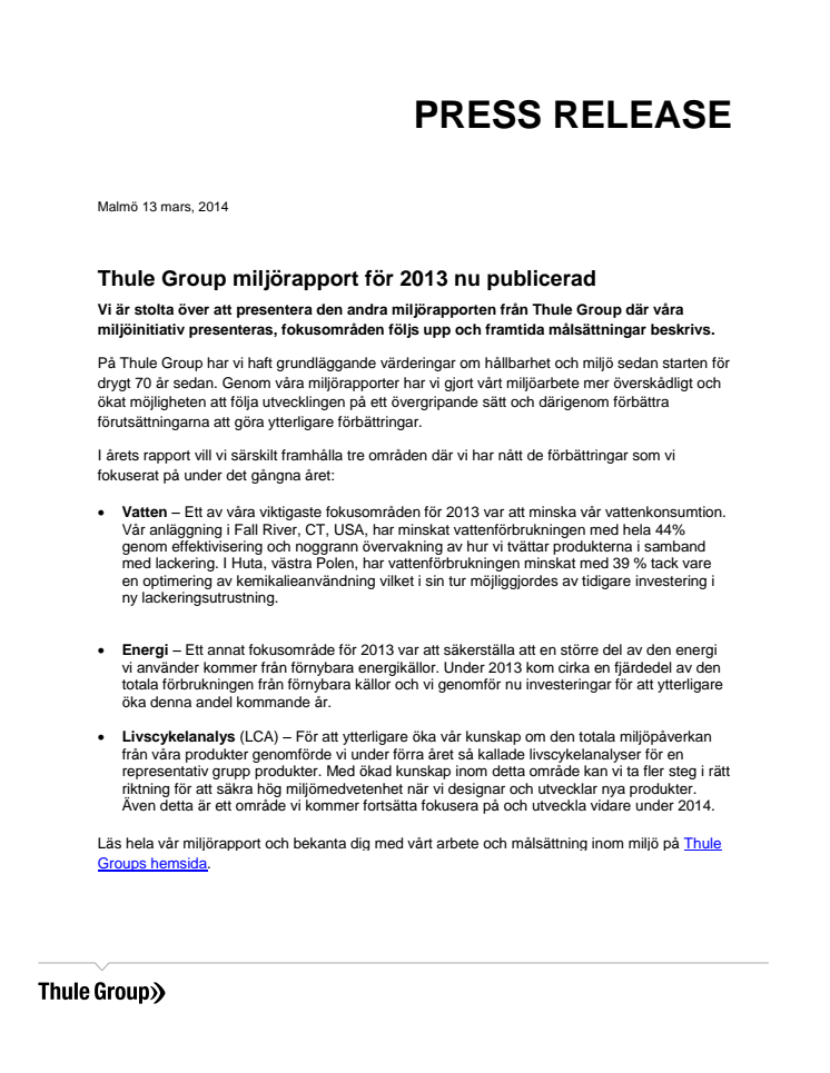 Thule Group miljörapport för 2013 nu publicerad