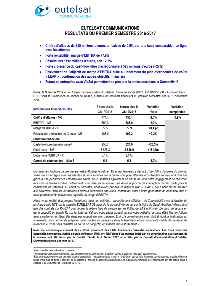 EUTELSAT COMMUNICATIONS  RÉSULTATS DU PREMIER SEMESTRE 2016-2017