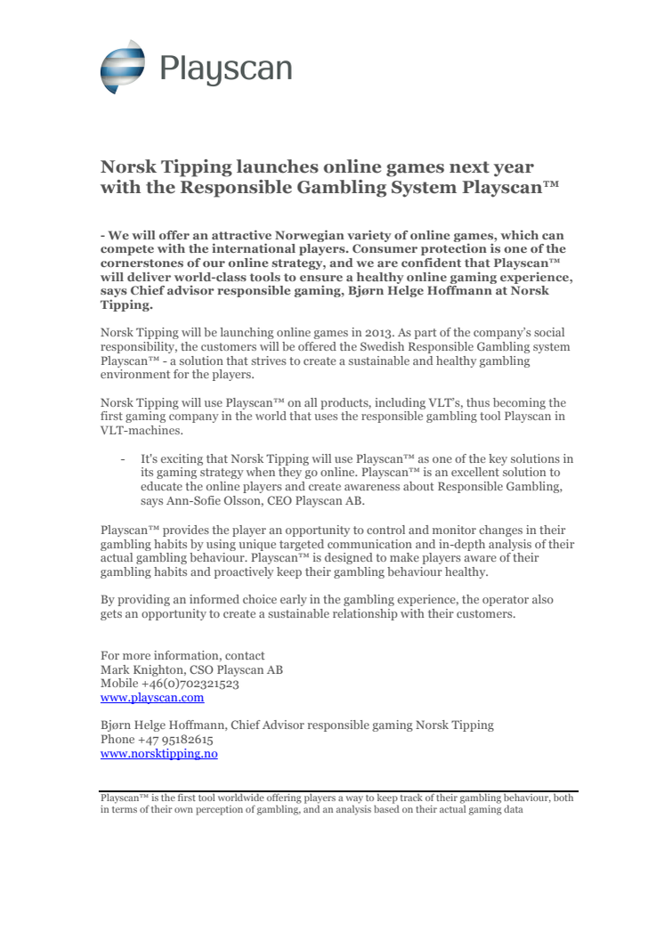 Norsk Tipping launches online games next year with the Responsible Gambling System Playscan™