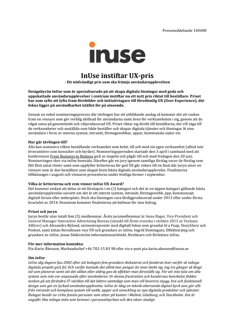 inUse instiftar UX-Award - Ett nödvändigt pris som ska främja användarupplevelse!