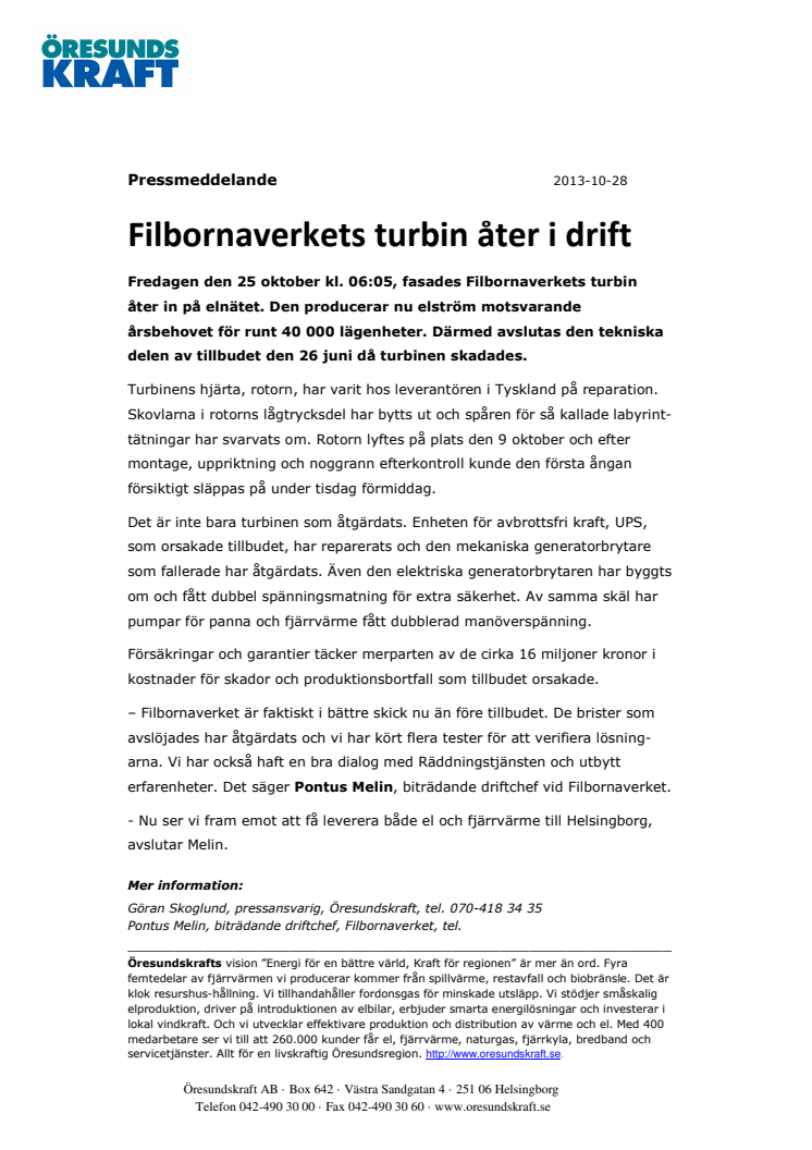 Filbornaverkets turbin åter i drift