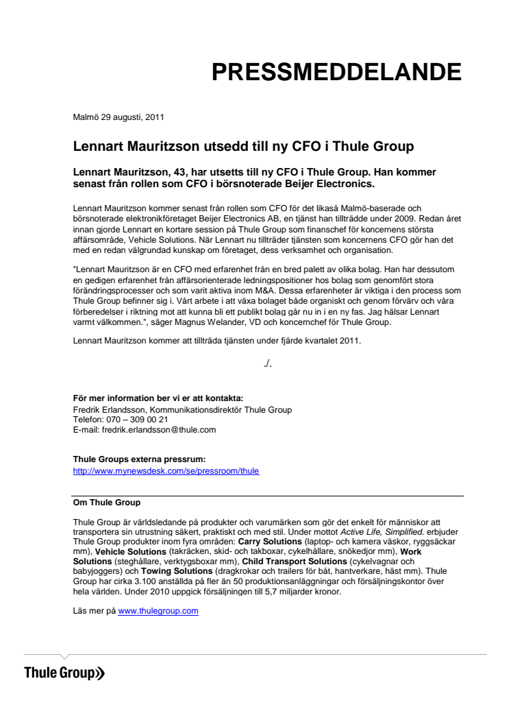 Lennart Mauritzson utsedd till ny CFO i Thule Group