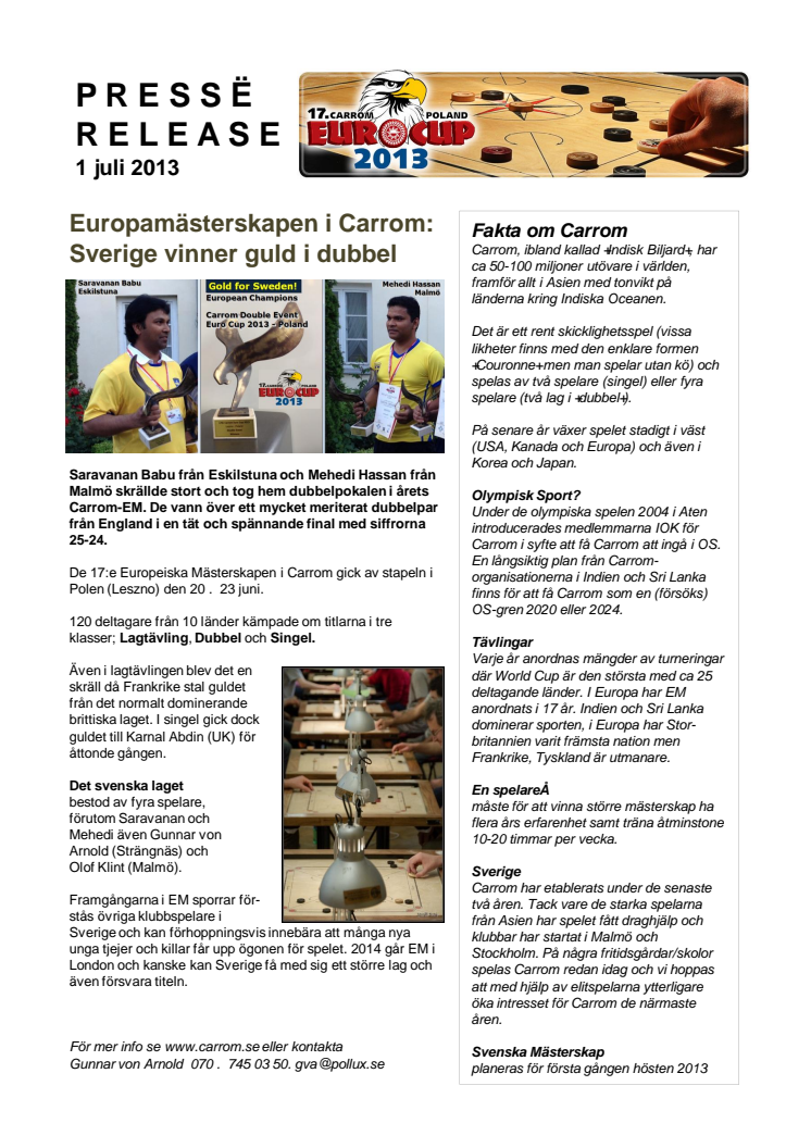 Europamästerskapen i Carrom:  Sverige vinner guld i dubbel