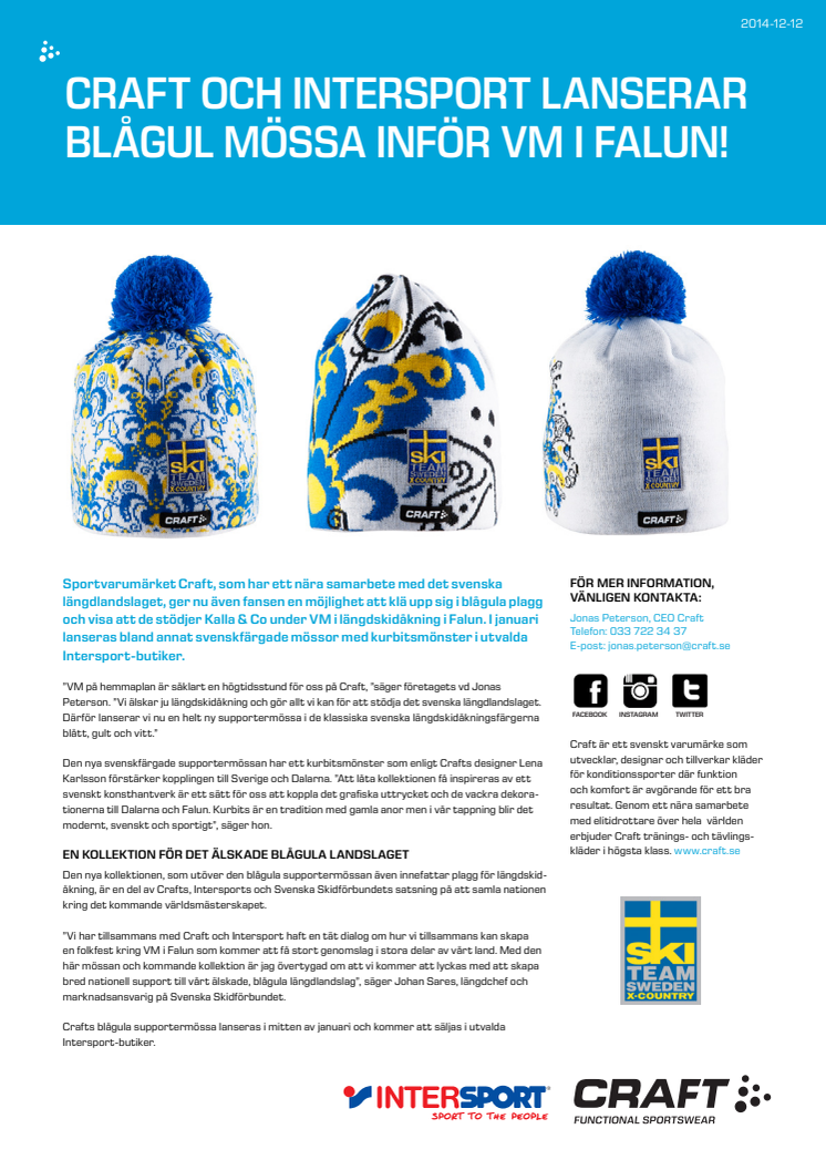 Craft och Intersport lanserar blågul mössa inför VM i Falun!