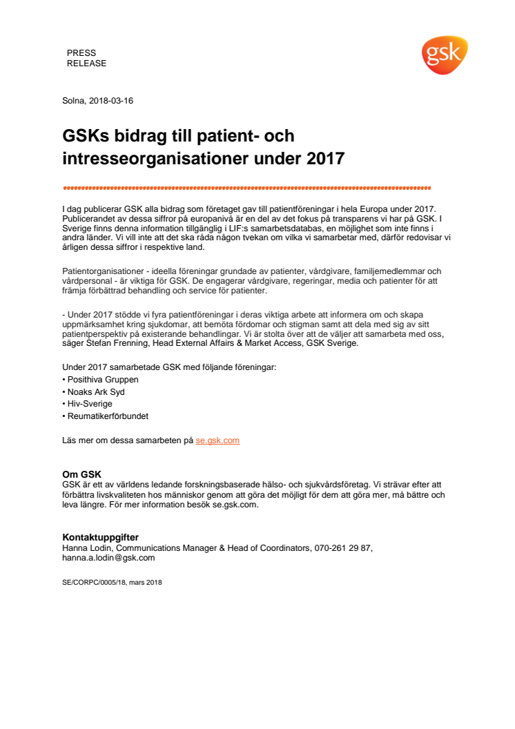 GSKs bidrag till patient- och intresseorganisationer under 2017