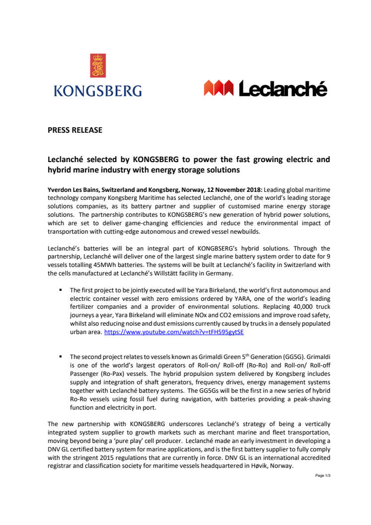 Kongsberg Maritime: Leclanché selected by KONGSBERG to power the fast growing electric and hybrid marine industry with energy storage solutions
