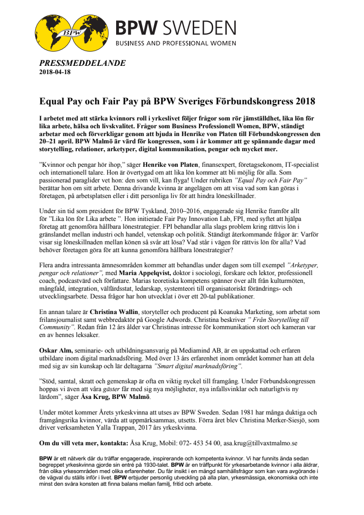 Equal Pay och Fair Pay på BPW Sveriges Förbundskongress 2018