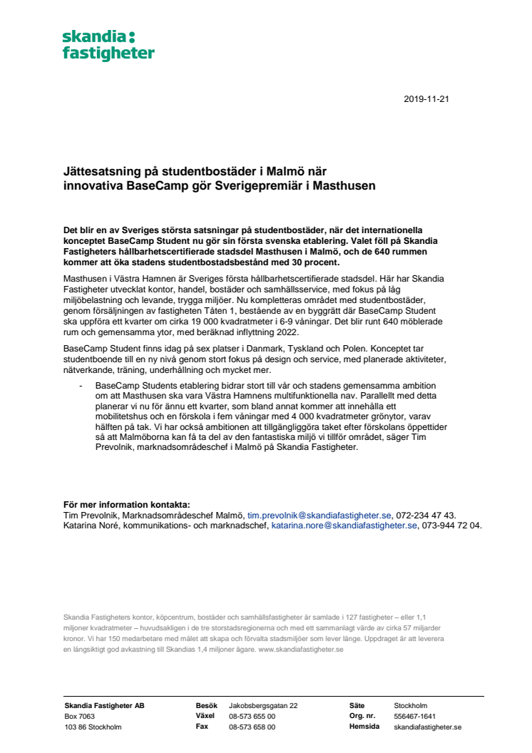 Jättesatsning på studentbostäder i Malmö när  innovativa BaseCamp gör Sverigepremiär i Masthusen