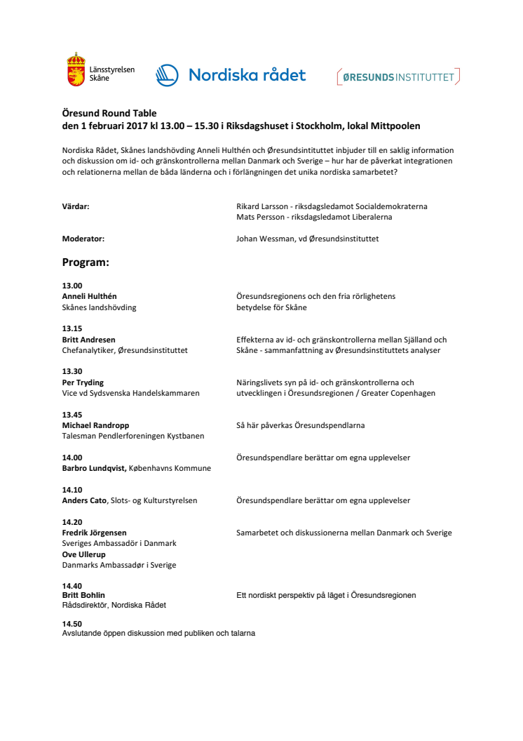 Program för Öresund Round Table i Stockholm 1 februari