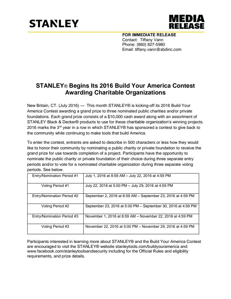 STANLEY® Begins Its 2016 Build Your America Contest Awarding Charitable Organizations