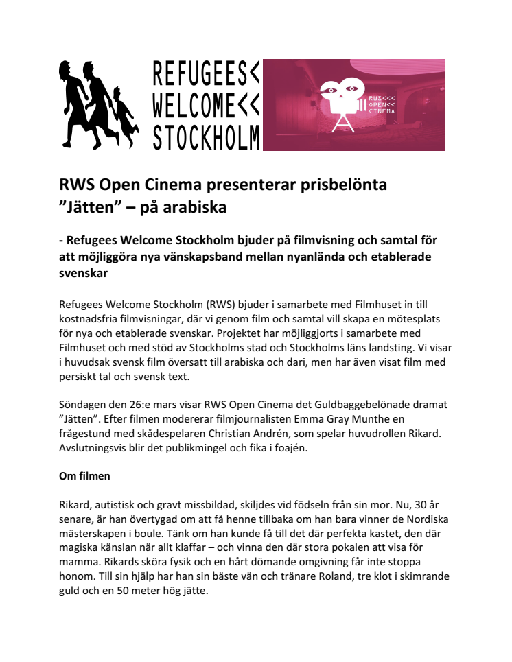RWS Open Cinema presenterar prisbelönta "Jätten" – på arabiska