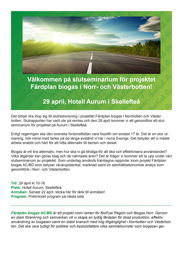 Inbjudan till slutseminarium för projektet "Färdplan biogas AC/BD"