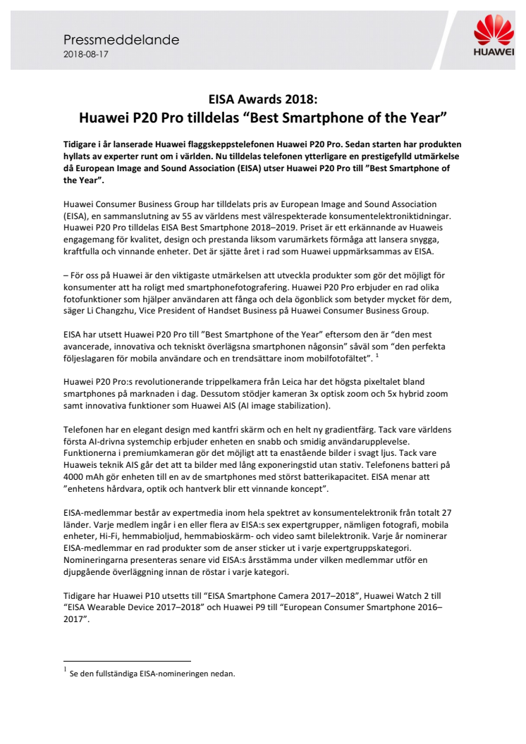 EISA Awards 2018: Huawei P20 Pro tilldelas “Best Smartphone of the Year”