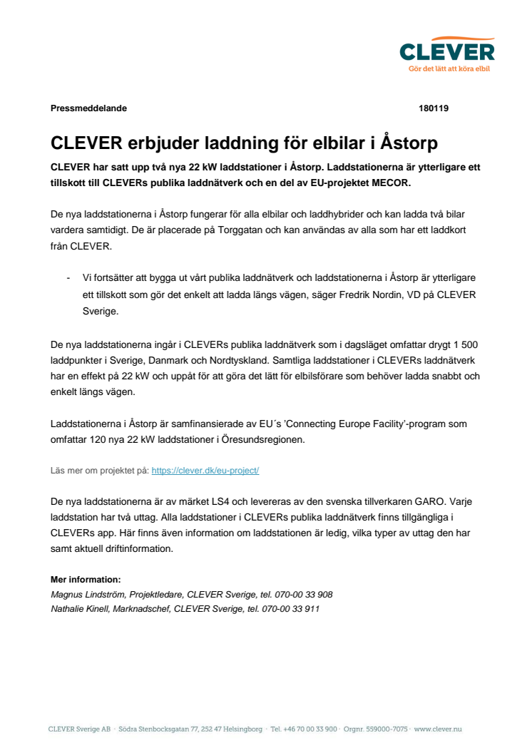 CLEVER erbjuder laddning för elbilar i Åstorp 