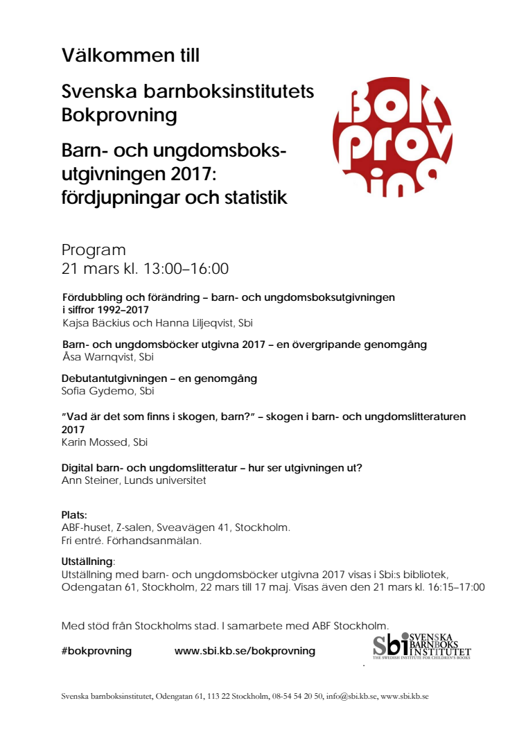 Program för Svenska barnboksinstitutets Bokprovning 2018