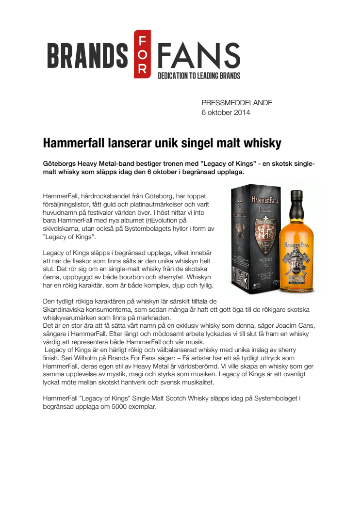HammerFall lanserar unik single malt whisky