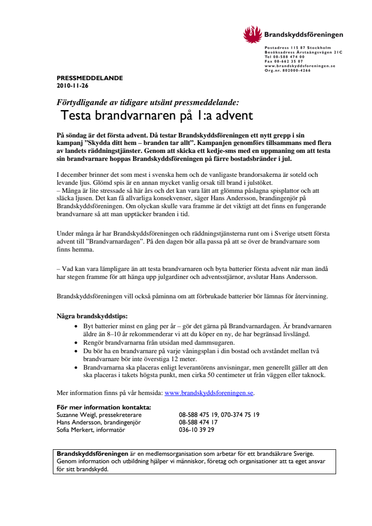 Testa brandvarnaren på 1:a advent