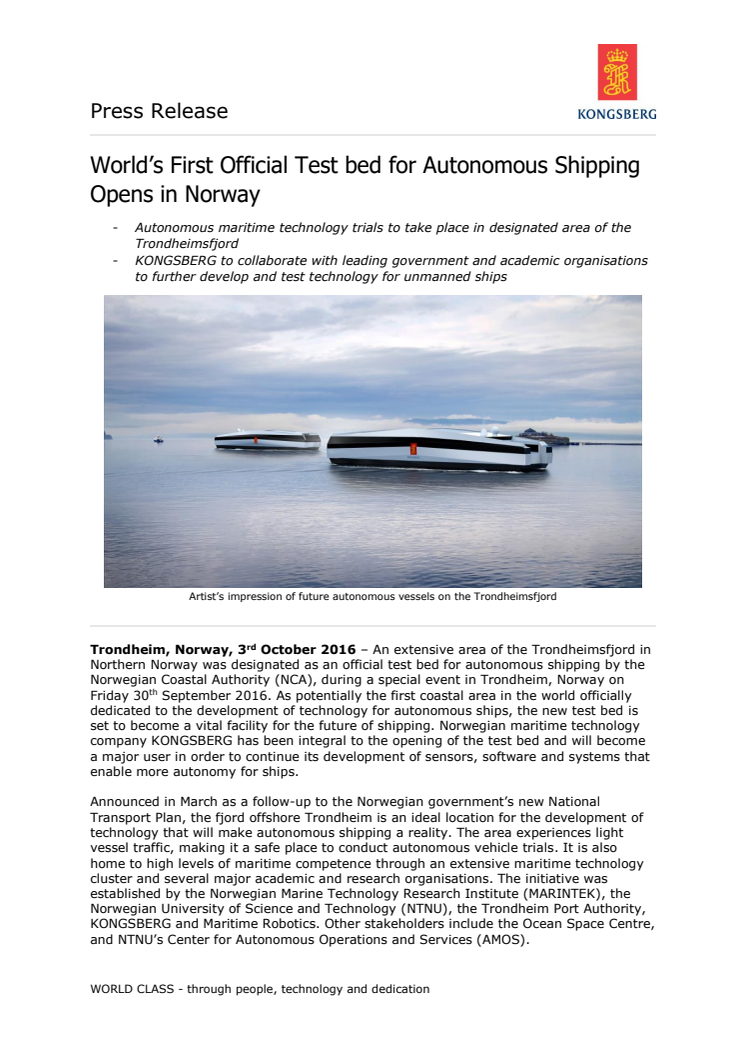 Kongsberg Maritime: World’s First Official Test Bed for Autonomous Shipping Opens in Norway