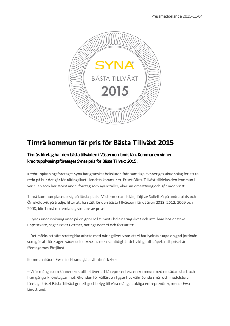 Timrå kommun får pris för Bästa Tillväxt 2015