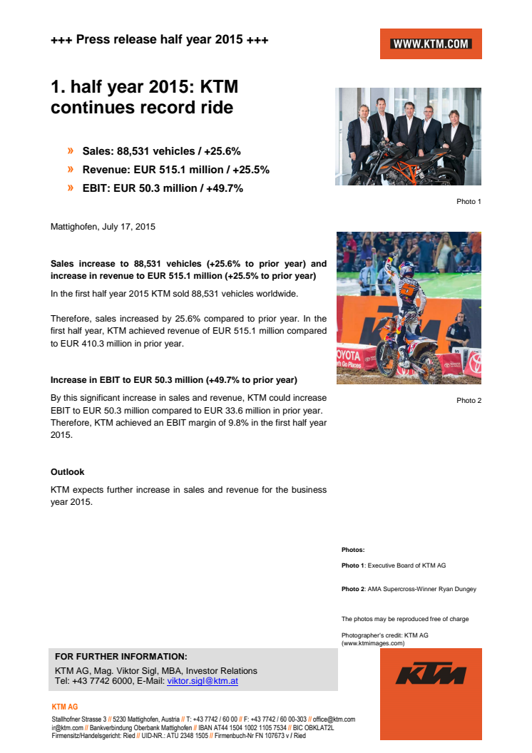 1. half year 2015: KTM continues record ride