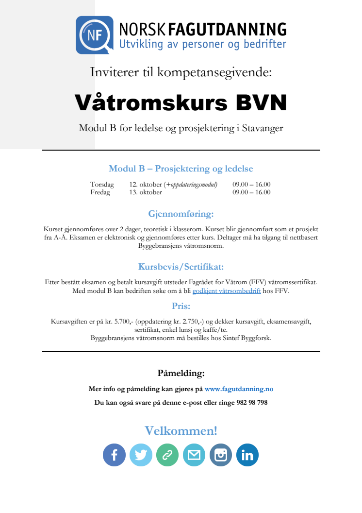 Invitasjon til våtromskurs - Modul B - i Stavanger 12 oktober