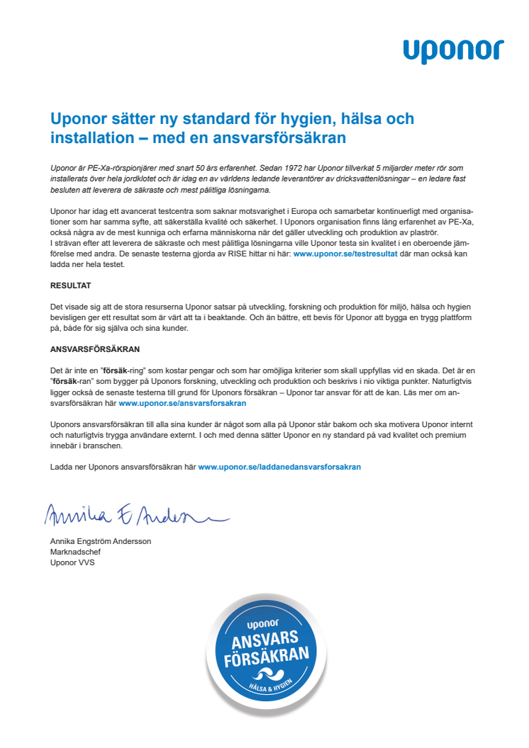 Uponor sätter ny standard för hygien, hälsa och installation – med en ansvarsförsäkran