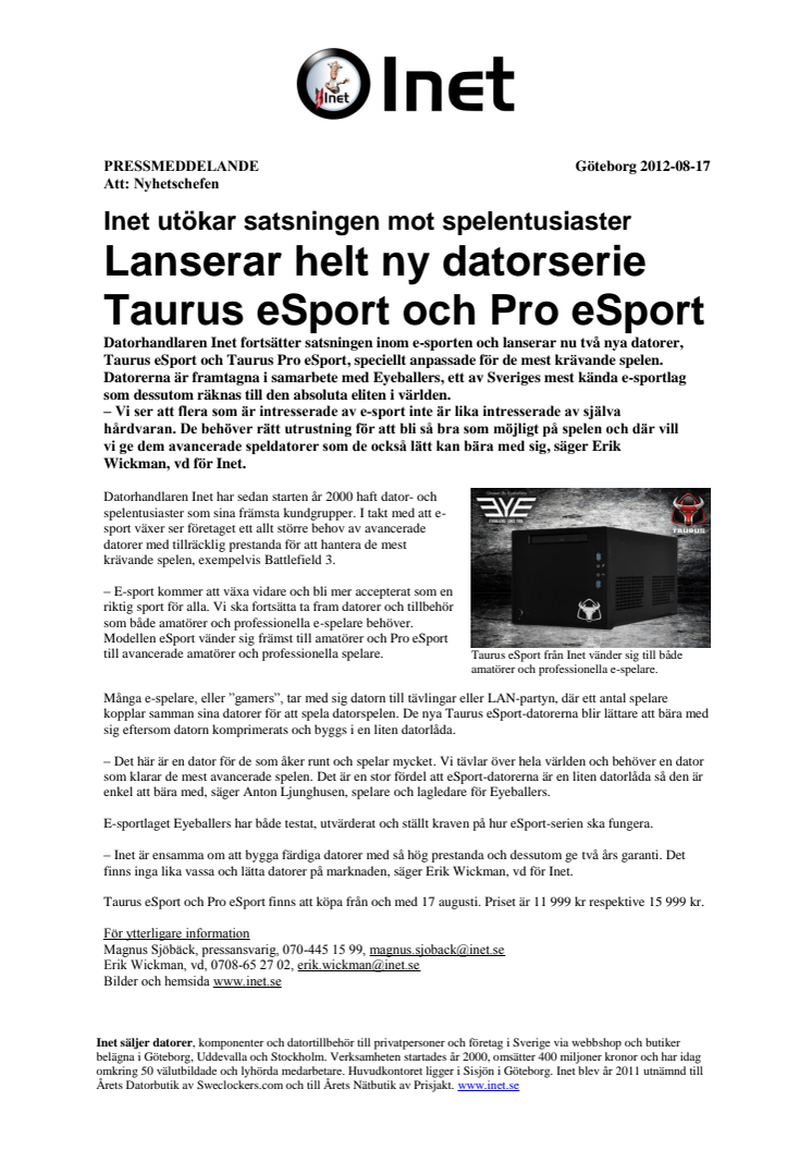 Inet lanserar helt ny datorserie Taurus eSport och Pro eSport  