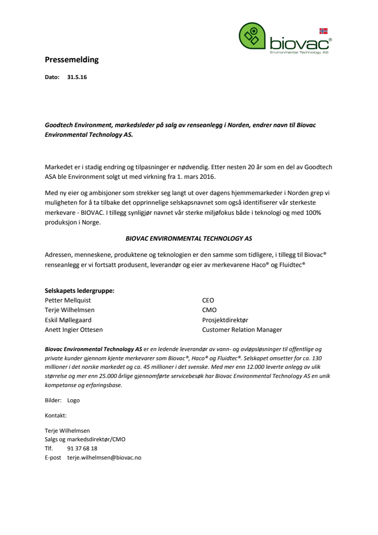 Vi endrer navn fra  Goodtech til Biovac