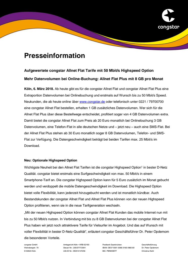 Aufgewertete congstar Allnet Flat Tarife mit 50 Mbit/s Highspeed Option - Mehr Datenvolumen bei Online-Buchung: Allnet Flat Plus mit 8 GB pro Monat