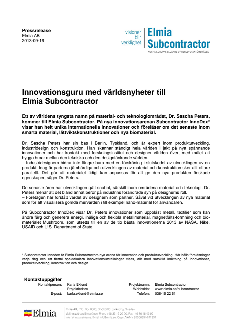 Innovationsguru med världsnyheter till Elmia Subcontractor